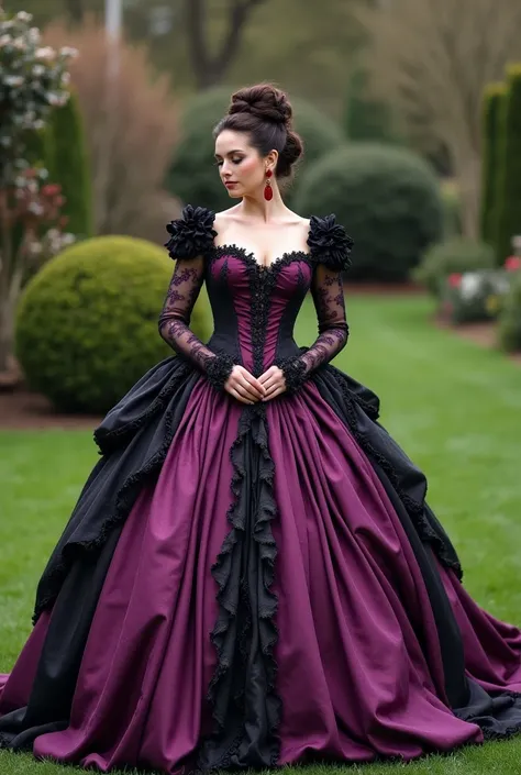 Victorian Milf Women with big breasts in a very long victorian purple and black bustle ball gown with reaching till the floor with baby bump dont show her belly in garden with big victorian hair bun and too much make up and red earrings with a woman with b...