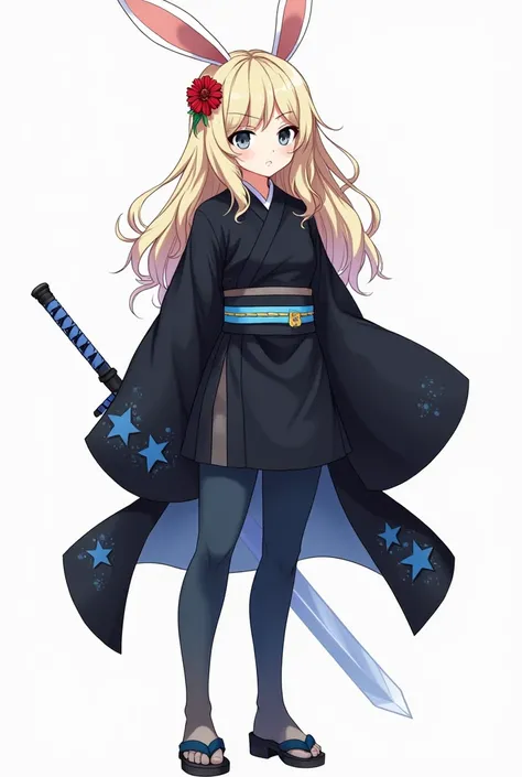 Girl 22 years old, high, adult,  with dark blond wavy hair up to the shoulder and with gray-green eyes .  Little white bunny ears ,  has a red flower behind her ear  "Christmas Star ".  Dressed in a demon slayer suit  (from anime "blade,  cutting through d...