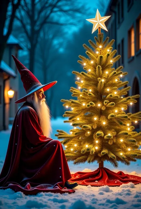 A wizard sits in front of a Christmas tree. He is trying to spread the Christmas tree all over the world. Medieval times. Magic. Night scene