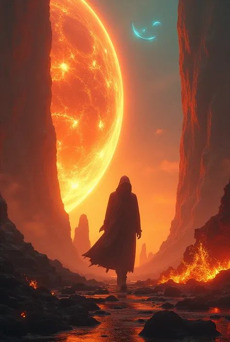 A man wears a robe and walks between the planets fire