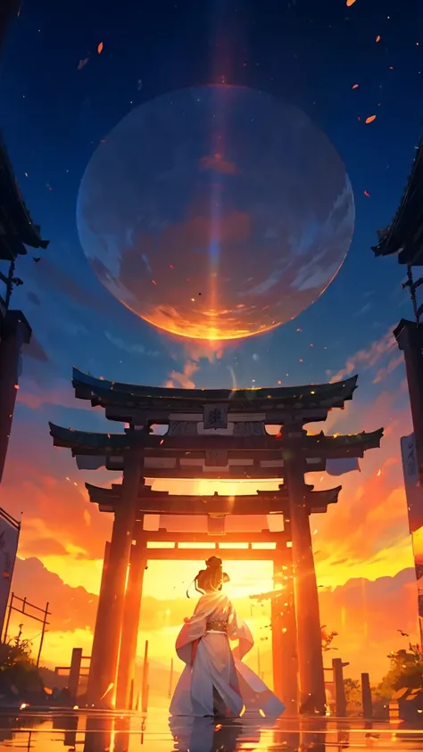 ((masterpiece:1.2)), (( top quality :1.2)), The sun rises above the horizon, (Woman standing in the light of the sunrise:1.5),  long hair that flutters in the wind , (Turning around with a gentle smile :1.5), Bathed in light, Beautiful shrine scenery, tori...