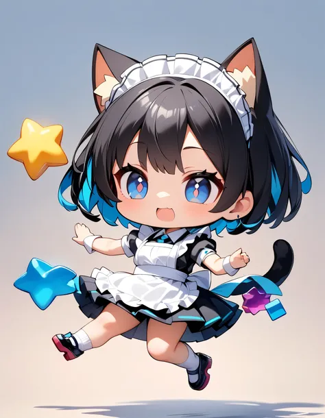 ChibiかわいいCat ears女子, ( 1 girl), Cat ears女性, Chibi,  deformed character ,  colorful hair,  short hair,  blue eyes, Cat ears,  maid clothes, egao (( Random Action , Big Jump)), Plain background:1.2,  color gradient background, ( top quality :1.2,  very detai...