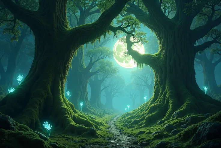 "An enchanting Celtic forest with towering, ancient trees draped in moss, bathed in the soft glow of moonlight. Ethereal glowing creatures (like fae or will-o-the-wisps) flit between the branches, creating a magical ambiance. The scene is rich in greens an...