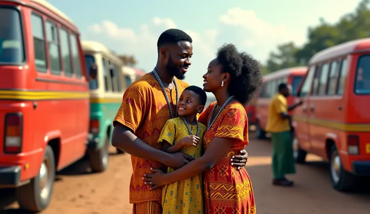 Stephen Agyei a Ghanaian man meeting his wife and two ren at the car station while other with people going about their business in the background 