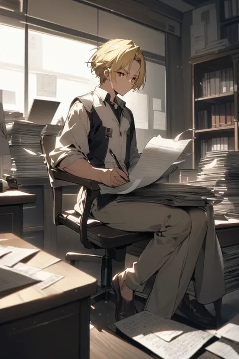  Sitting on a Chair 、Blonde、 red eyes、 short hair、32 year old male 、Boy Sitting On His Lap 、、Blonde、 red eyes、 short hair、Standing with legs wide open 、 Papers, Ink, and Quill Pens On His Desk
