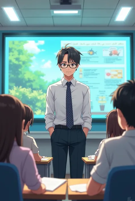 anime teacher with glasses and a tie, presenting a video about ecosystem in front of the class