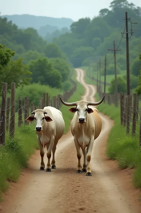  A photo taken from a cell phone , landscape,  in nature,  an old dirt road,  fences on the side , oxen grazing 