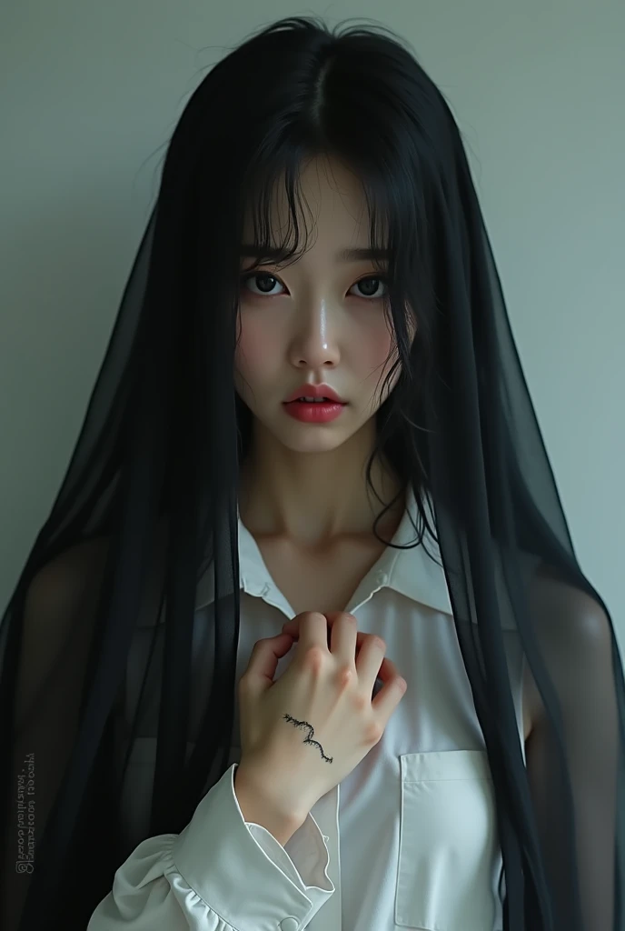 A Korean girl wearing white shirt with the top button undone, a black veil on head and touching her face and a long scratch on the hand
