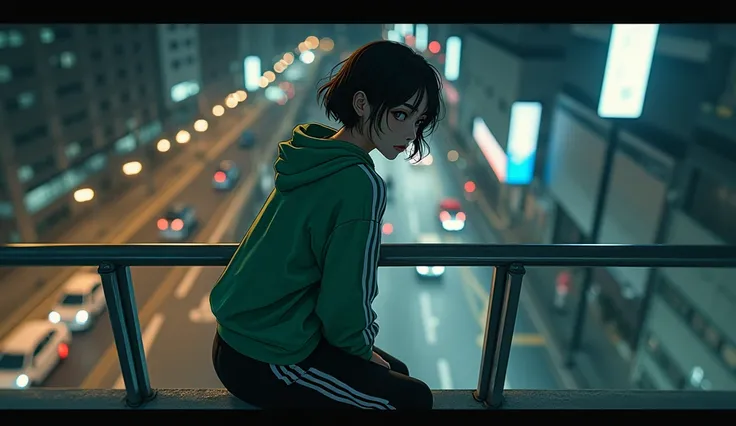 A beautiful Japanese girl in a green Adidas tracksuit, loose black pants and short wavy hair is leaning on a balcony railing and looking from above. Her eyes are looking down. There are cars and motorbikes below the balcony. Top view and front view at nigh...