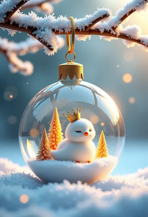 3D. This is a charming winter holiday image that combines whimsy and warmth. The focus is on a clear glass Christmas ball hanging about two feet from a snow-covered branch. (Strictly) inside the ornament is a miniature scene with a white miniature kite (wi...