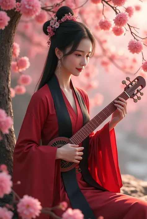  Graceful and beautiful young Chinese woman in hijab, smile,  in an emerald red robe and a long black Hanfu ,  gently playing a Chinese gouzheng musical instrument,  exudes serenity and elegance , sitting among cherry blossoms , Hyperrealistic HD  ,