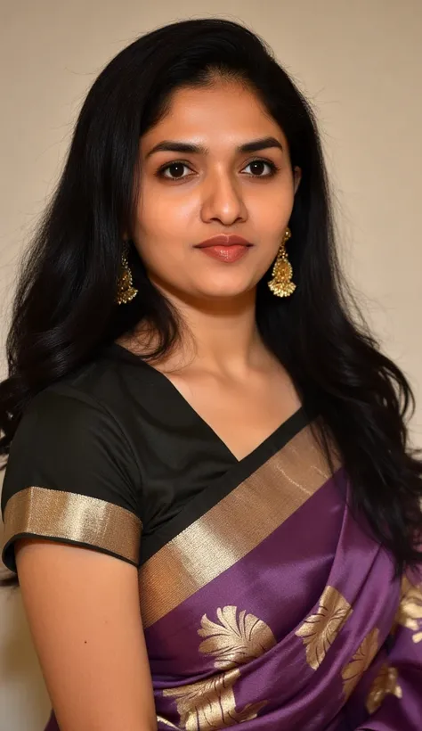 A beautiful indian woman, wearing traditional purple sleevelees indian silk saree and black blouse, posing for ethnic wear photo shoot, long curly hairs upto her shoulder, rebrandt style lighting, dramatic light