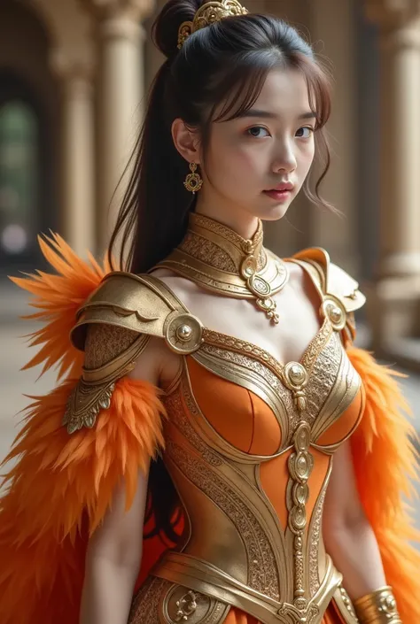 (8k,    top quality, masterpiece), (    realistic   , photo    realistic   : 1.37),     super detailed  ,       One Girl     , {feathered armor 、 Phoenix Knight} ,  Lift your bust、Big bouncing bust 、 pull your bust closer with your arms、 cross your arms a ...