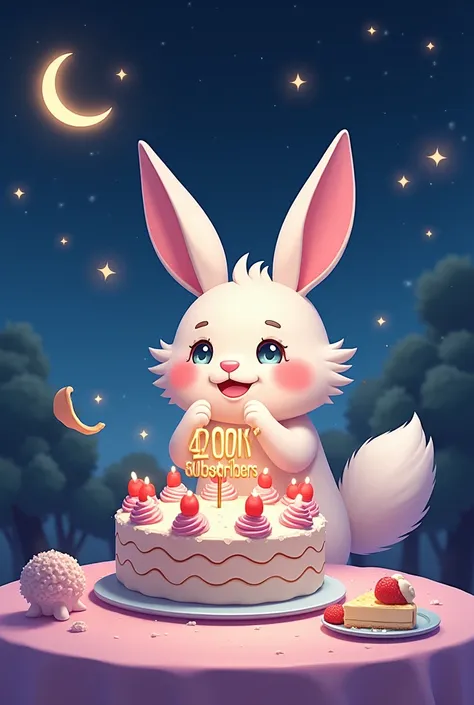 "Thank you so much for helping us reach 400 subscribers! Your support, likes, comments, and shares mean the world to me. Rabbit cat celebration  on cake and 
Enjoying night