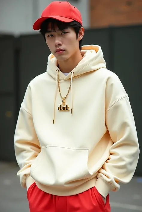 korean man wearing a hip hop outfit cream and red color combination. she is wearing a gold necklace with "Dark" written on it. the background is blurred.