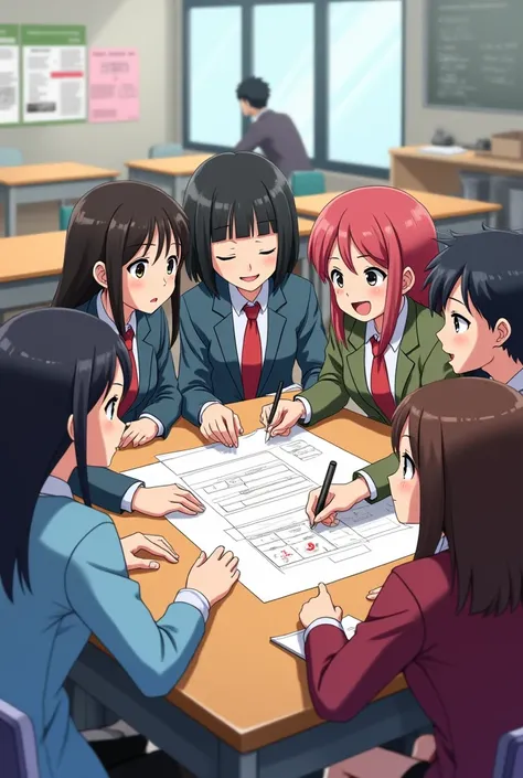 Anime students having a group work/activity