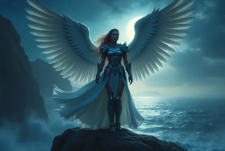 "A fierce and regal Valkyrie stands tall on a rocky cliff under a starry sky, with her wings glowing softly in the moonlight. Her armor is intricately designed, and the wind blows through her long, flowing hair. The dark, misty ocean below and the starry s...