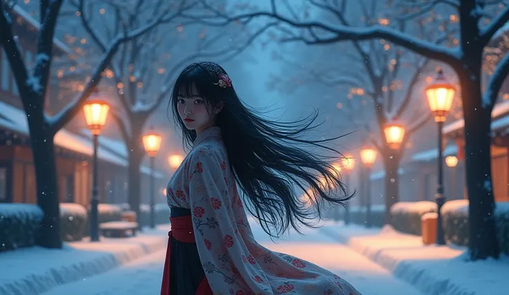 Snowy Night　 Illuminated Street Trees　I have long hair that looks at me and laughs　Young Japanese beautiful woman wearing clothes