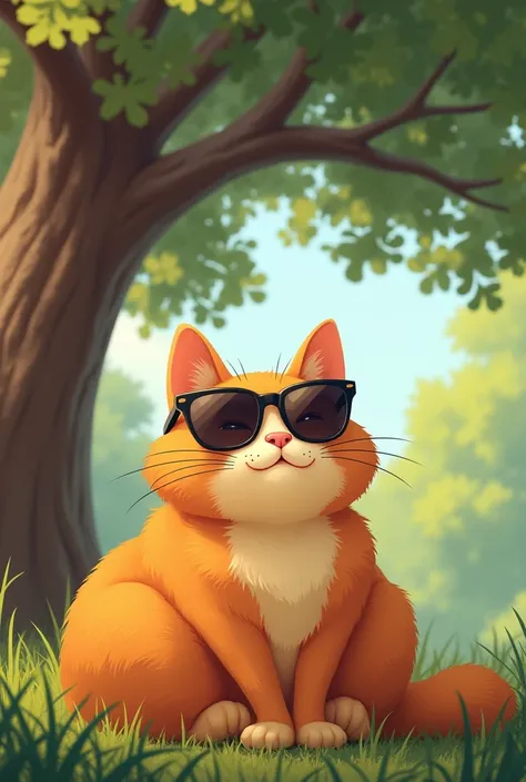 Orange cat with sunglasses chilling under a tree