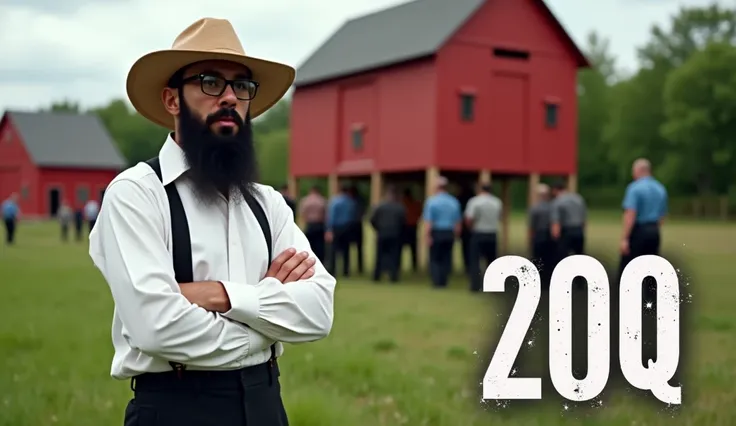 This image makes for an intriguing and engaging YouTube thumbnail with the following detailed description:

Foreground:

A man dressed in traditional Amish attire, including a white shirt, black suspenders, and a straw hat. His thick black beard and glasse...