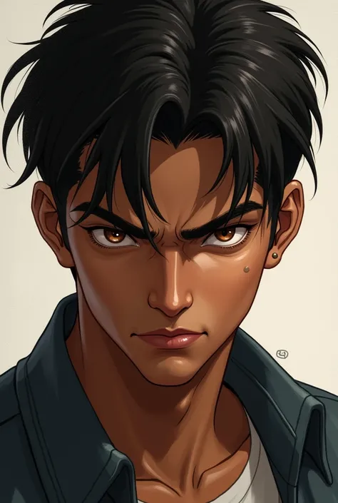 Draw a guy, ,  brown eye , dark skin,  black thick hair , a determined mischievous look