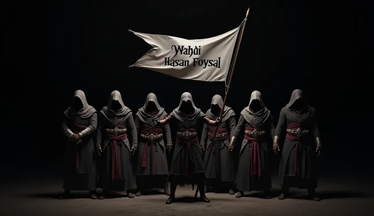 "Five mysterious assassin-like characters inspired by the style of Assassins Creed, standing in a dark and intense black background. The central figure holds a flag with a dynamic pose, and the flag has the text Mahdi Hasan Foysal written prominently. Each...