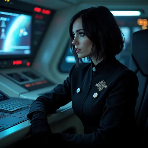 
a dark gothic woman officer of the gothic interplanetary fleet in an ordinary uniform with a black bodice with gothic insignia and black leggings,dark gothic makeup,dark gothic middle short hair style, blue eyes,as an officer of the interplanetary fleet w...