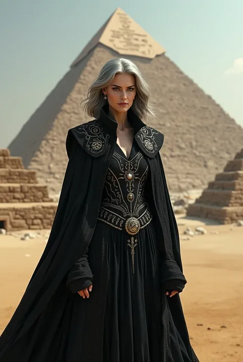  Create a 50-year-old woman , black eyes,  gray hair ,  doesnt have a beard, White skin wearing witch clothes, This one in the pyramids of Egypt  