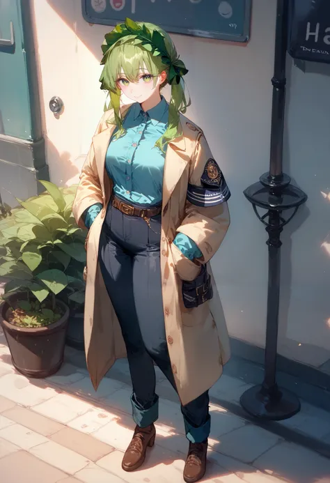  full body illustration 。Put your green hair together 、 a small green leaf headdress。 decorate your hair with a light blue shirt and 、 wearing a trench coat、 coat has large buttons and a belt on the sleeves。 wear a 。