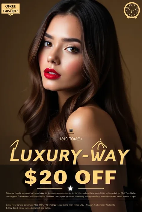 A luxurious and glamorous image of a woman with long, shiny hair.
Use bold, contrasting colors like gold, red, or black to catch attention.
Add countdown timer graphics or clock symbols to emphasize urgency.
Highlight the $20 discount with a large, eye-cat...