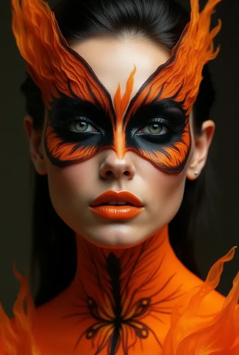 Real Looking Mysterious and Sexy  woman wearing a striking orange and black fire-inspired makeup design. Her face is adorned with a sharp mask-like pattern of vivid orange and deep black, resembling flames or butterfly wings, extending around her eyes. She...