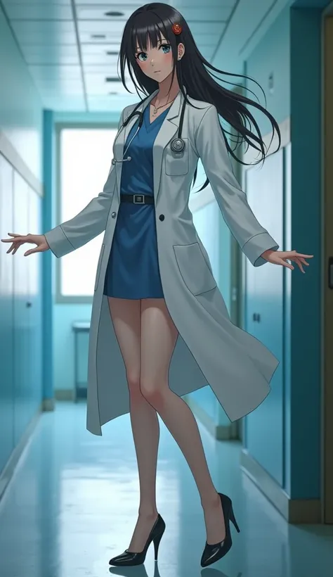 (Dispatch Female Doctor X ),(Ryoko Yonekura,whole body,whole body影像,以女孩腳上穿的超高跟尖頭細跟高跟鞋為主題的whole body肖像,Medical Center Conference Room Background , Girl standing awkwardly next to a group of panicked doctors talking to each other rather than hand-drawn feet....