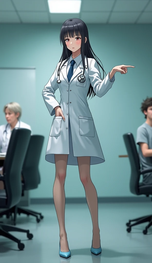 (Dispatch Female Doctor X ),(Ryoko Yonekura,whole body,whole body影像,以女孩腳上穿的超高跟尖頭細跟高跟鞋為主題的whole body肖像,Medical Center Conference Room Background , Girl standing awkwardly next to a group of panicked doctors talking to each other rather than hand-drawn feet....