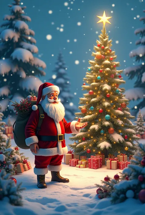 Christmas celebration with Christmas tree and Santa Claus with snow and bright and beautiful colors