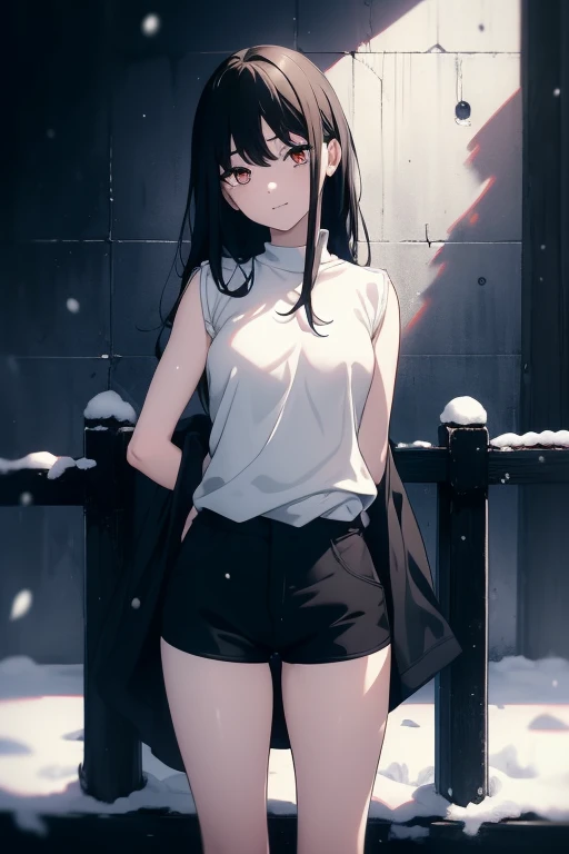 ((((Masterpiece,  best quality,  super high res)))),  1 girl,  is standing,  dressed casually,  loose t-shirt ,  loose shorts, ( black hair, dark  black hair in face),  long haircut,  blue-white skin, ((brown eye)), Shine_eye, 青い eye, (ultra detailed eye:0...