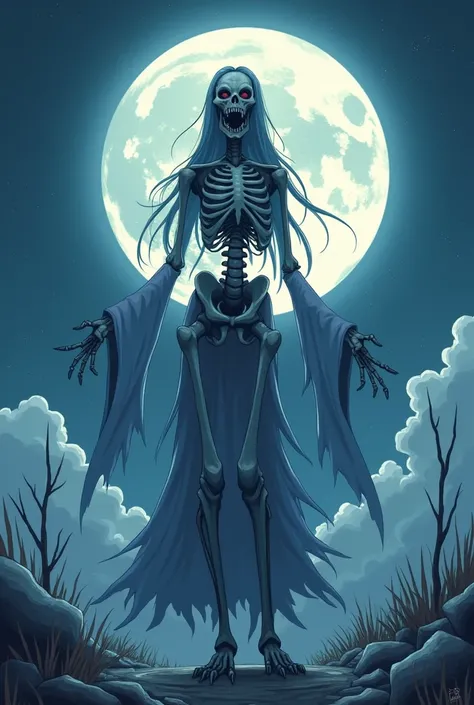  Princess Kaguya from Japanese legend ,  she is a dry and soulless skeletal zombie ,  she is in the sky of the full moon looking at the camera with her mouth open in a roar she is a  in an advanced state of decomposition.  She is in combat position ready t...