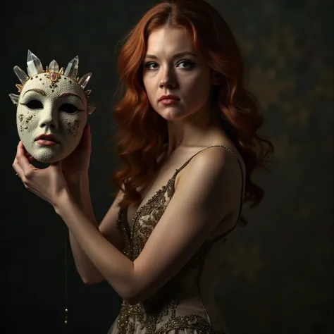 A girl  top model holding a mask made of crystals on in his hand, cinematic , dramatic, victorian dress, winded hair and dress