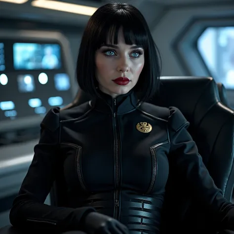 
a sexy dark gothic woman officer of the gothic interplanetary fleet in an ordinary uniform with a black bodice with gothic insignia and black leggings,dark gothic makeup,dark gothic middle short hair style, blue eyes,dark gothic apparence,as an officer of...