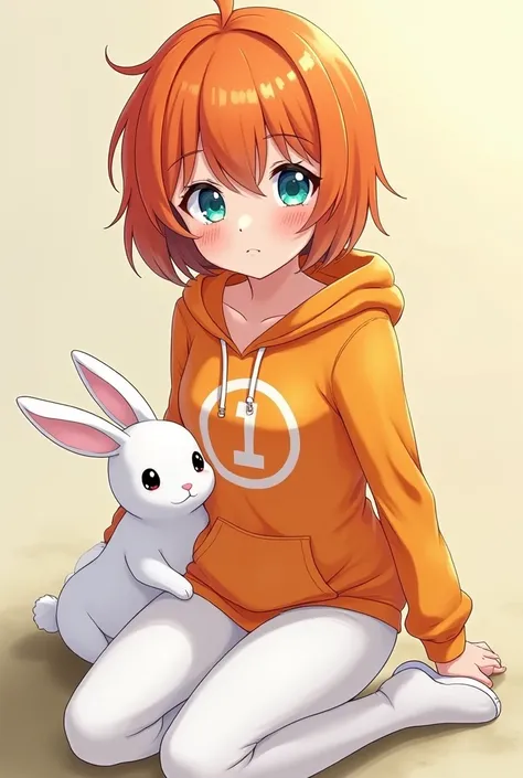 A girl with short orange hair and blue and green heterochromic eyes,In clothes an orange hoodie and white pants ,The chest is small ,  in the style of My Hero Academia and in the background sitting with a white rabbit