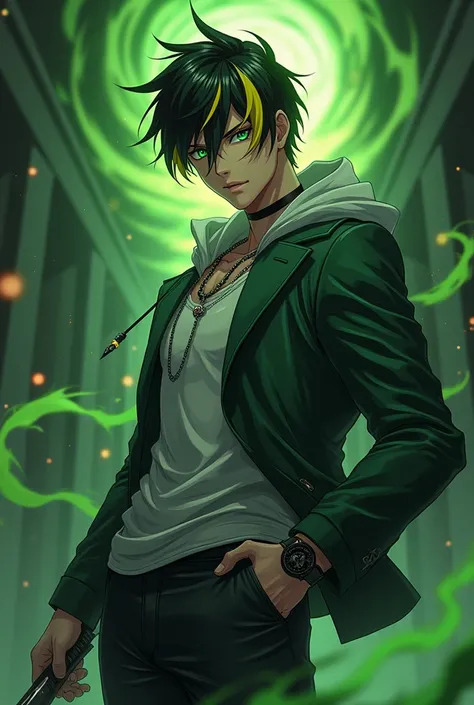 An anime male character with black and yellow mix hairs green eyes badass smile age 20 years powerful strong with good athletic physique green and dark aura coming out of him looks handsome smart and fearless.holding a double edge knife in his right hand.w...