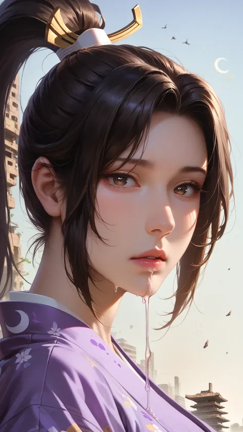 score_9,score_8_up,score_7_up,high res image,masterpiece,best quality,realistic,Mai Shiranui,(plump:1.7),(black pupil:1.2),(brown black hair:1.3),(High ponytail:1.3),(kimono:1.4),(purple clothes:1.4),(spilling:1.3),(gloom:1.3),(gradient_sky:1.2),(crescent:...