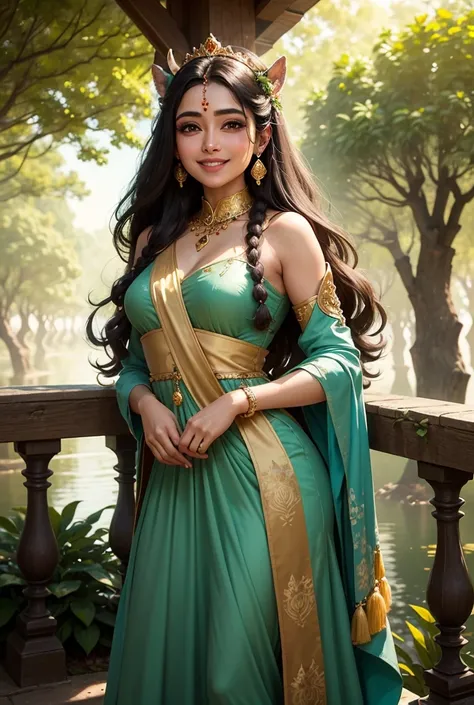 A grand palace surrounded by lush green forest, with gleaming towers shining under the sun.

Small birds flying in the blue sky, and deer drinking water near a small stream.

Princess Aruna stands on a balcony, wearing a light green dress adorned with flow...