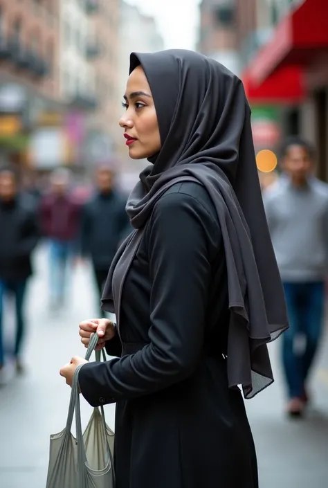 A woman in a hijab walks side-facing carrying shopping plastic