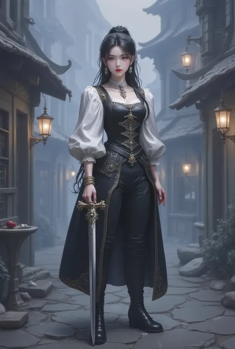 (top quality, 4K, masterpiece :1.3),  double eyelid, 1 cute young beautiful asian woman shemale, dark haired, pale skin, grey eyes, asian slanted eyes, long hairs, red lips, dressed, sword held, earring, black leather vampire hunter outfit, black boots, pa...