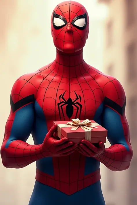 Spider-Man holding chocolates and smiling, happy to receive the gift.