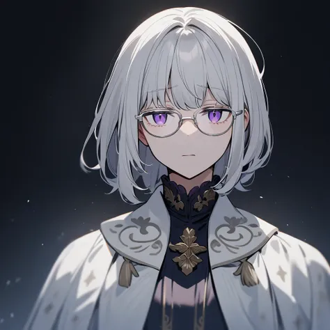 Anime girl, silver hair, dark purple eyes, silver rimmed glasses, beautiful, cold expression, apathetic, emotionless face, dark background, cool, noble, aristocratic