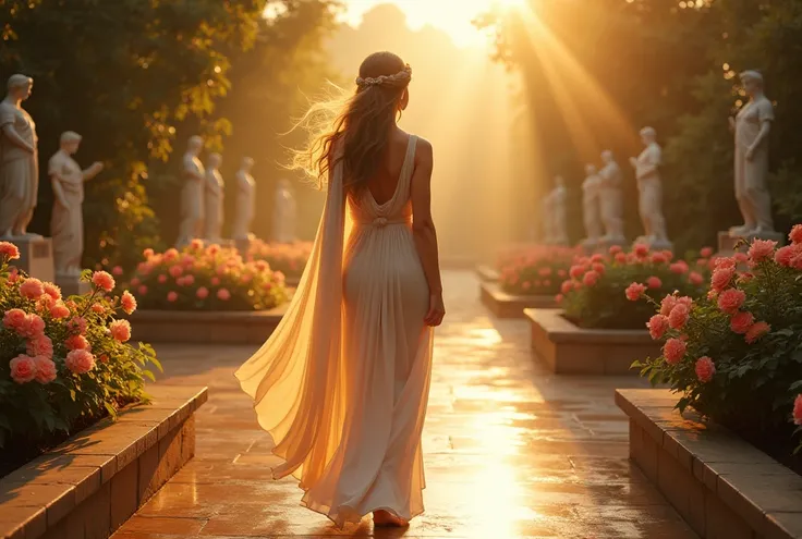 "A Roman goddess walks through an ethereal garden, her flowing gown catching the soft rays of the sun. The garden is lush with vibrant flowers, marble statues, and glowing fountains. The scene is bathed in warm golden light, evoking feelings of elegance, s...