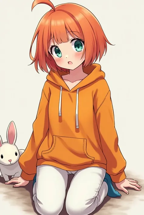   My hero Academia style a girl with short orange hair and eyes with heterochromia in blue and green,In clothes an orange hoodie and white pants ,The chest is small and seated in the background with a white rabbit 