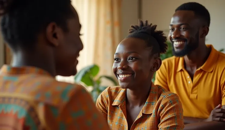 A warm scene in which Nana, an 18-year-old African girl, sits with her parents in a simple but welcoming dining room. Her parents, her father, a 45-year-old African man, and her mother, a 35-year-old woman, are smiling and proud, talking animatedly, but Na...