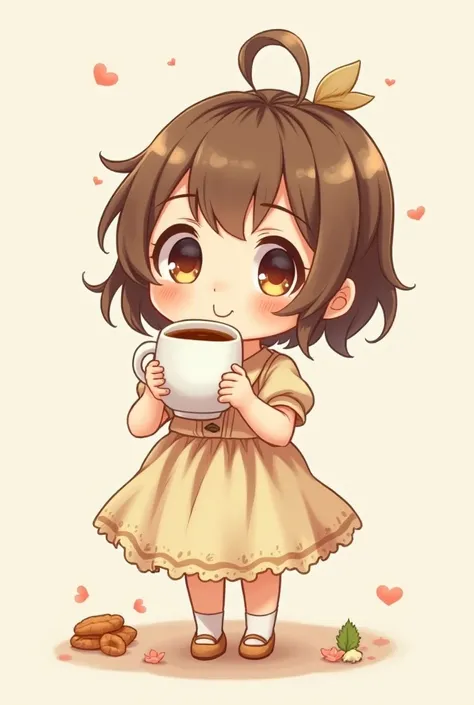 A girl drinking walnut tea , anime chibi , "Hushgahan" word as a article